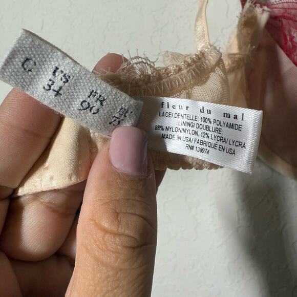 Fleur Du Mal Rose Lace Unlined Demi Bra Sz US 34C - Picture 8 of 9